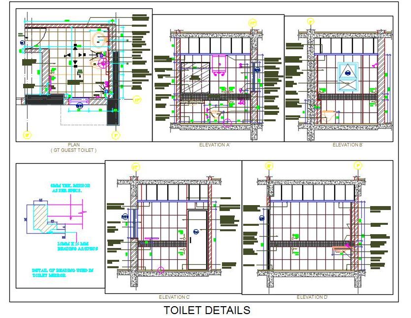 Detailed Toilet Drawing DWG- 7'x8' Layout with WC and Shower